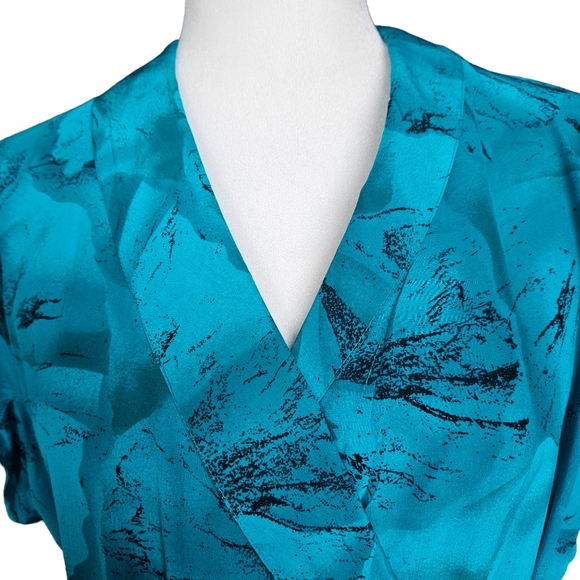 Equipage floral blue-green & black silk midi dress faux wrap drop sleeve size 12 - Picture 7 of 14